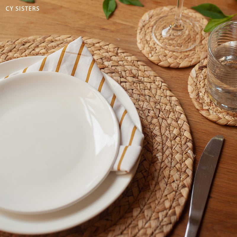 CY SISTERS Woven Placemats Round Placemats Set of 6, 13.5 Inch Wicker Placemat Circle Rattan Placemats Farmhouse Boho Braided Natural Water Hyacinth Place Mats for Indoor & Outdoor Table Decor - Image 2